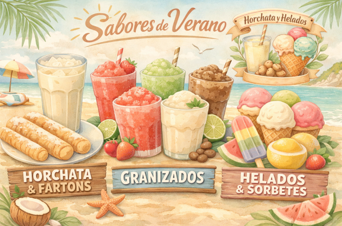 Campaña de verano de horchata y helados con fartons, granizados, helados y sorbetes